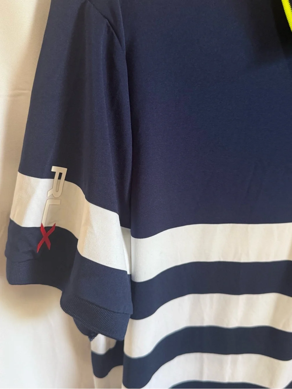 Ralph Lauren RLX Navy, White & Neon-Trim Striped Polo Size M